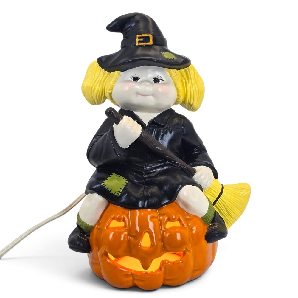 Vintage Ceramic Witch on Jack O Lantern Light Halloween Lamp 9.5in Works